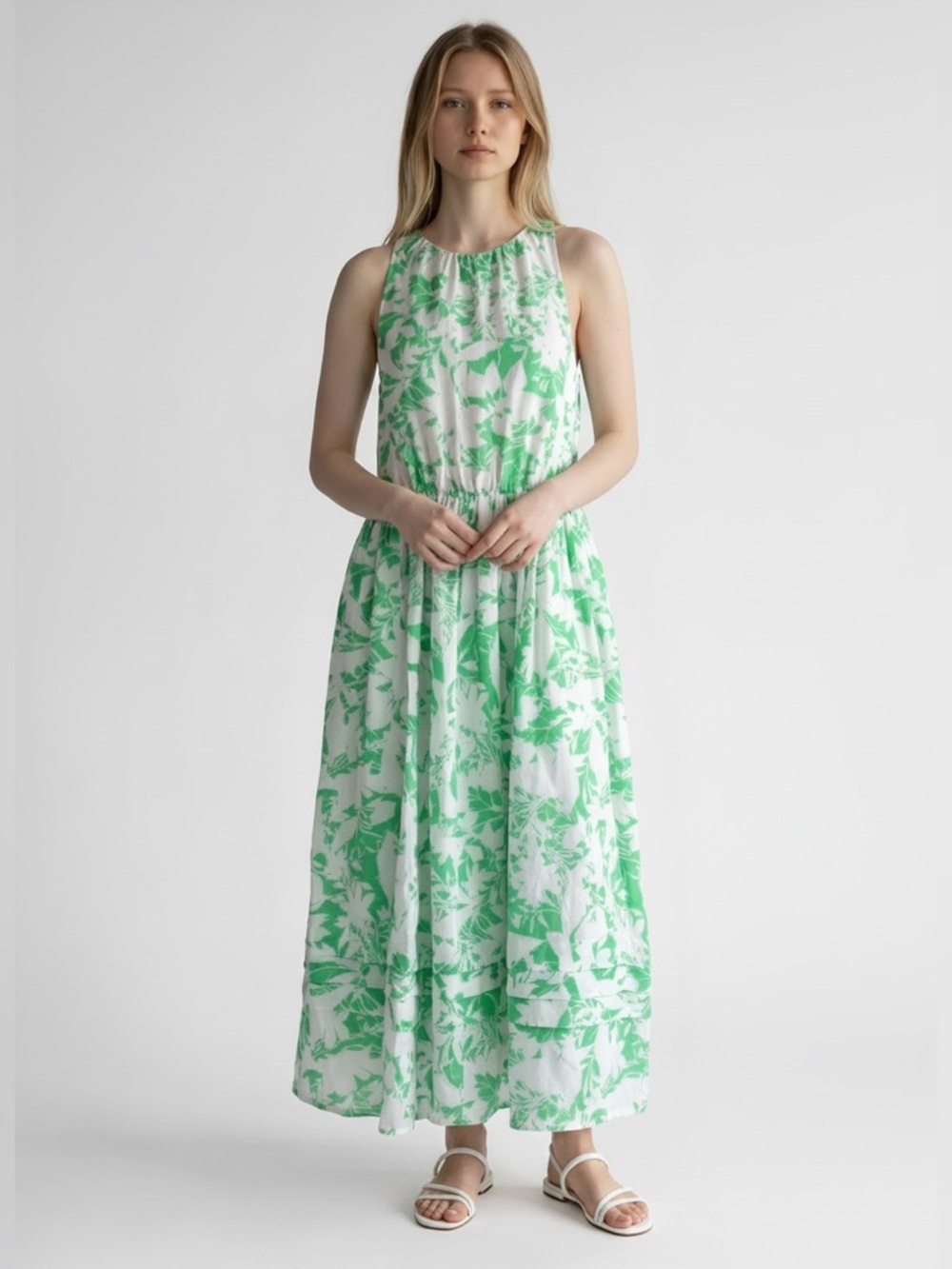 Caslon Green White Maxi Dress Size M Floral Print Racerback Tie Neck Tiered